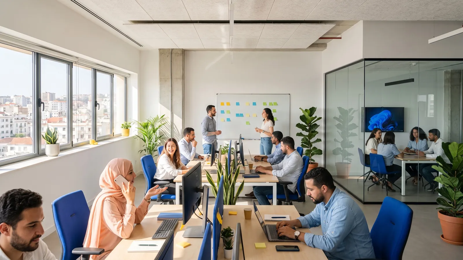 Un plateau de bureaux lumineux, des postes de travail et des plantes