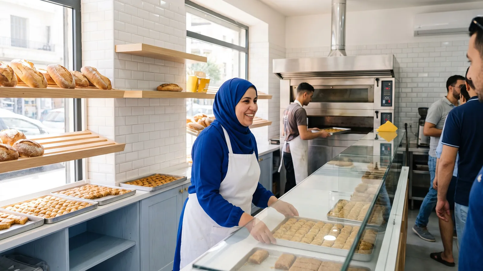 Une boutique de quartier à l’ouverture, rideau levé et vitrine éclairée.