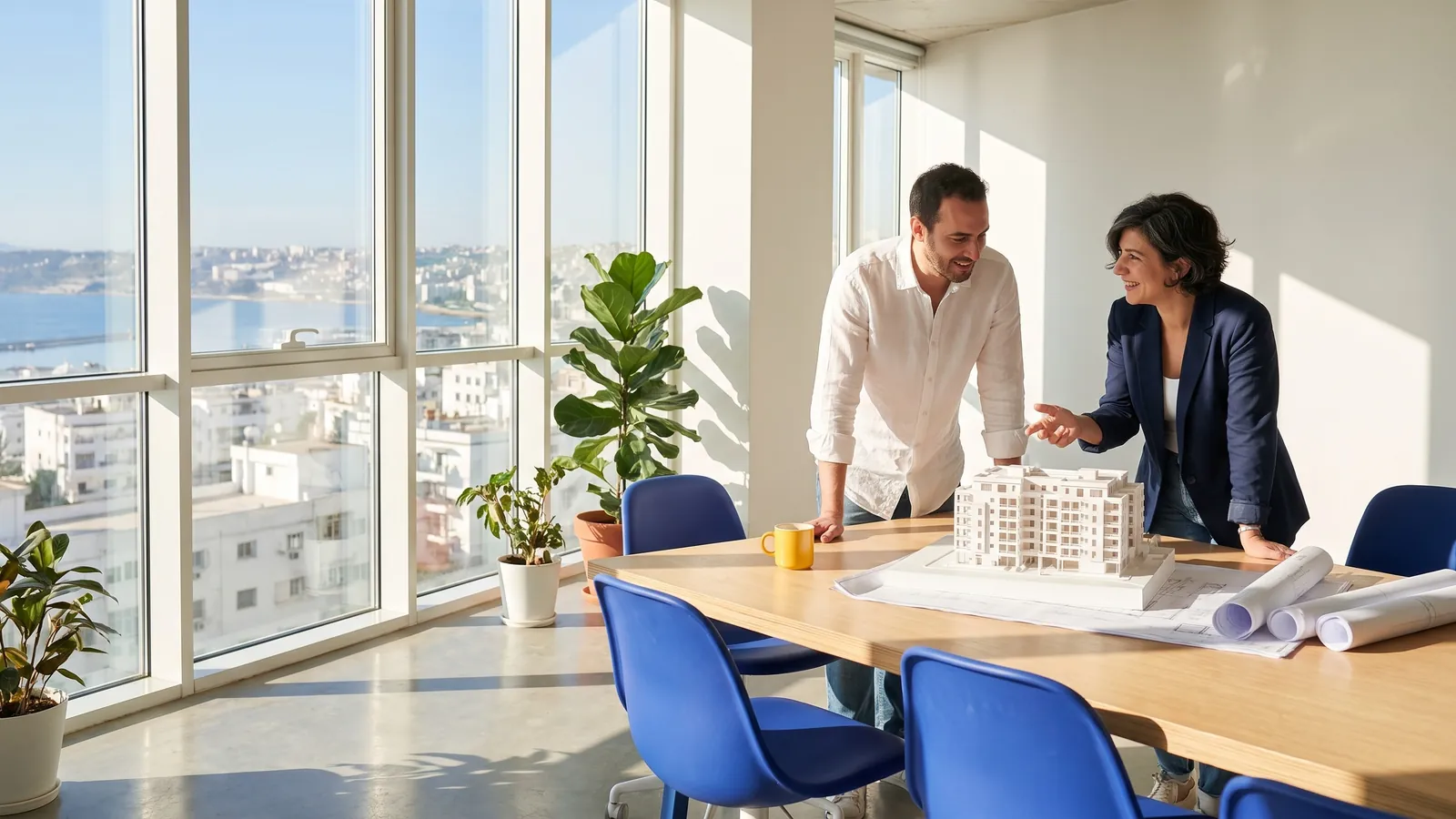 Une réunion de travail autour de plans et d’un ordinateur portable.