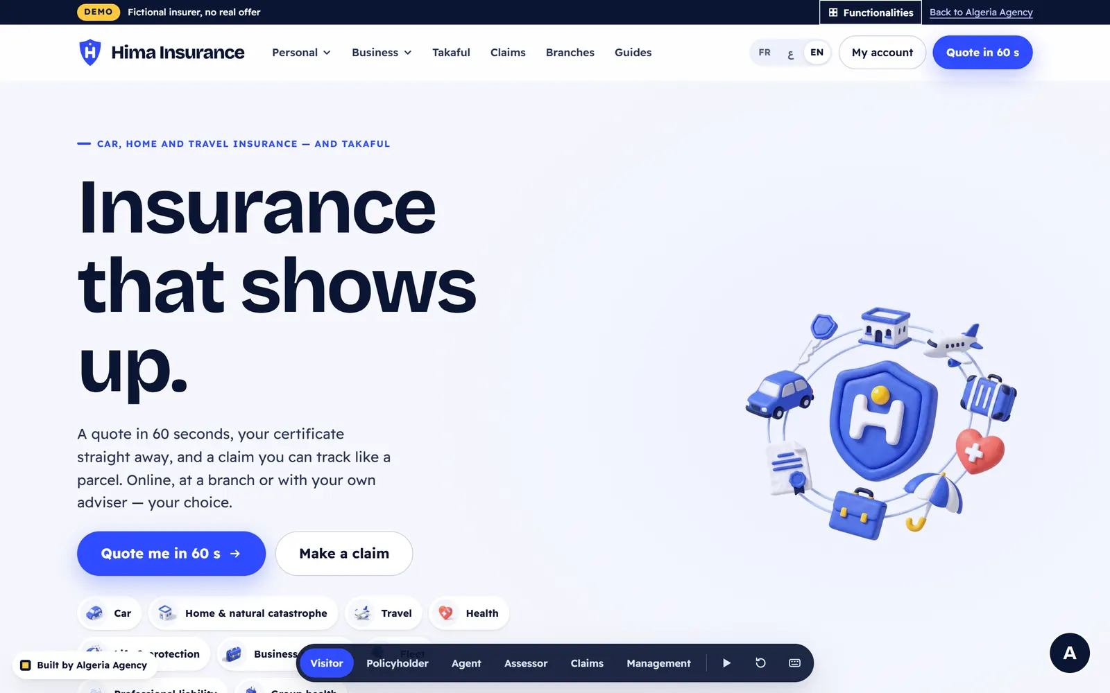 Hima Insurance homepage with its headline, the quote and claim buttons, the products and the role bar.