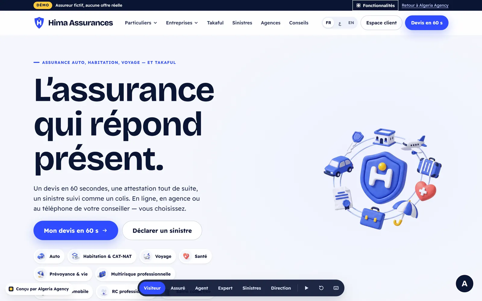 Page d’accueil de Hima Assurances avec le titre, les boutons de devis et de sinistre, les produits et la barre des rôles.