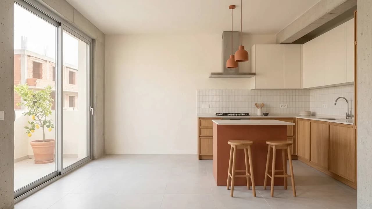 Cuisine contemporaine en chêne et blanc mat avec un îlot terracotta.