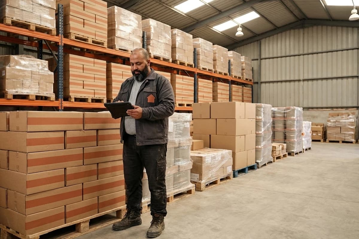 Kamel (personnage fictif) contrôle une palette de carrelage dans l’entrepôt.