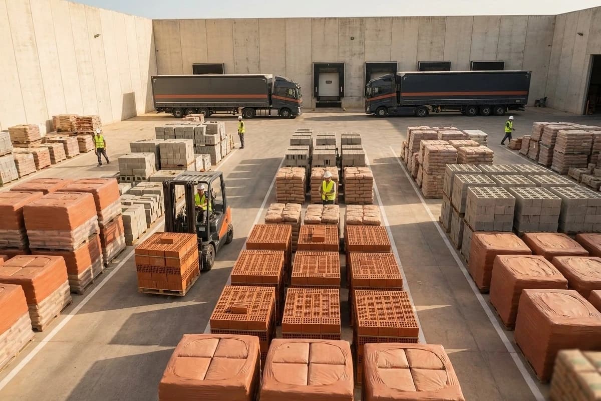 Vue plongeante sur le dépôt : allées de palettes de briques, de parpaings et de ciment.
