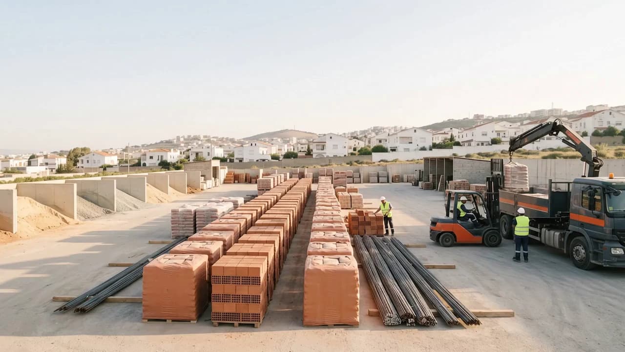 Le dépôt de Baba Hassen au lever du jour : palettes de briques et de ciment, rond à béton et un camion-grue en chargement.