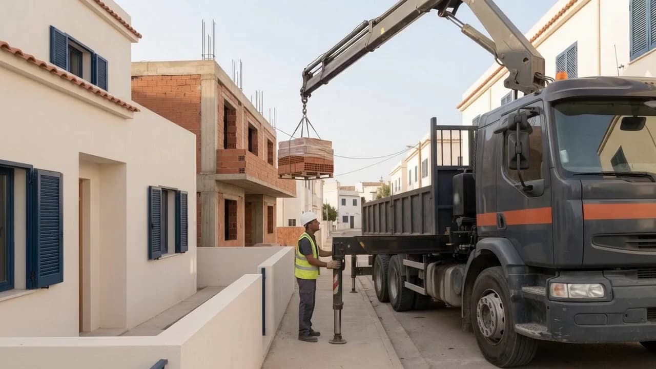 Un camion-grue Qarmoud lève une palette de briques dans une ruelle d’Alger ; Rachid (personnage fictif) aux commandes.