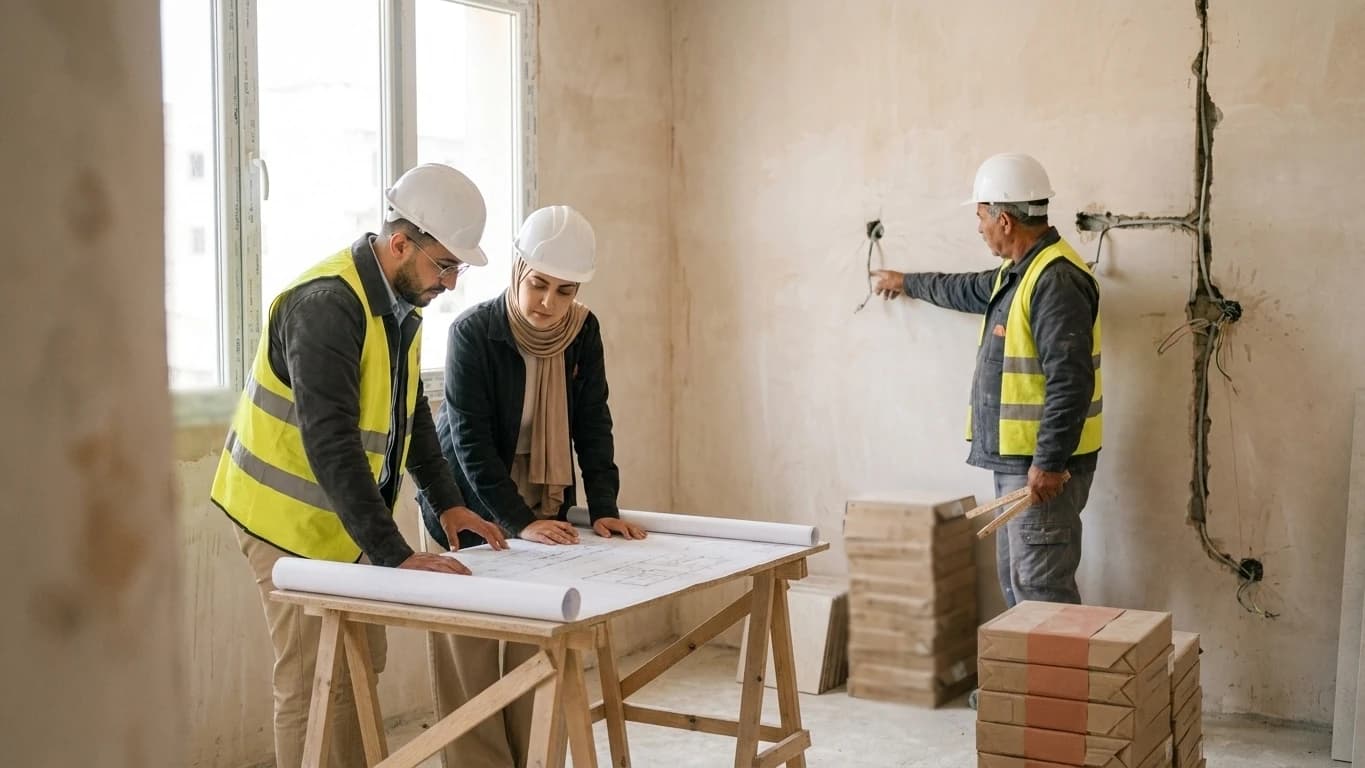 Adel, Asma et Abdelkader (personnages fictifs) font le point sur un chantier de rénovation.