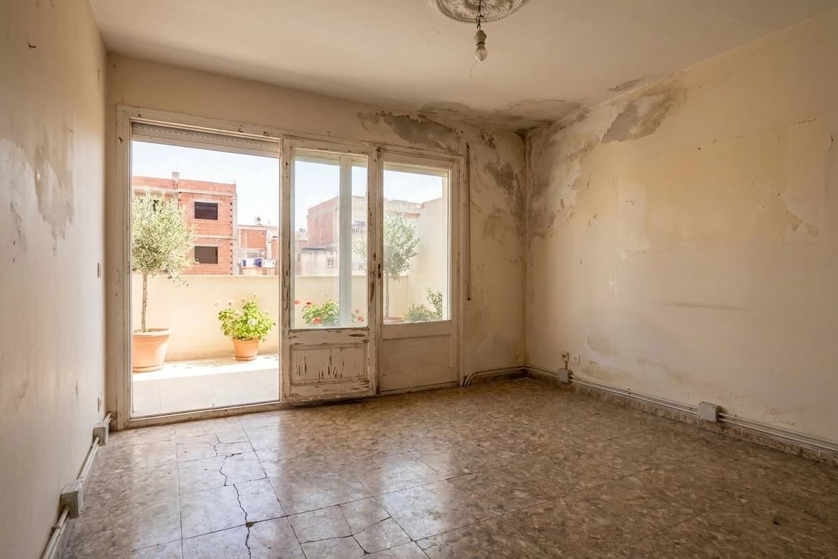 Le même séjour avant : carrelage fissuré, peinture écaillée, câbles apparents.