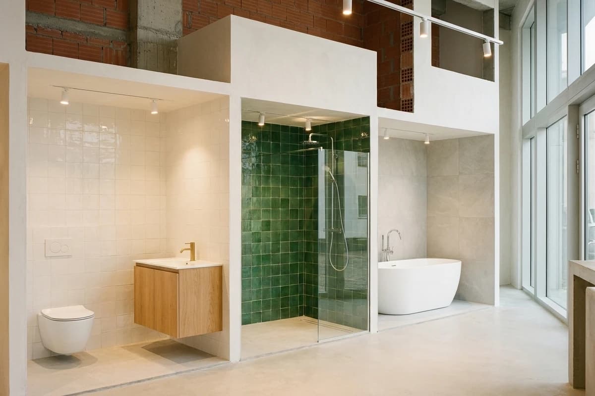 Trois salles de bain d’exposition : faïence blanche, zellige vert et grès gris.