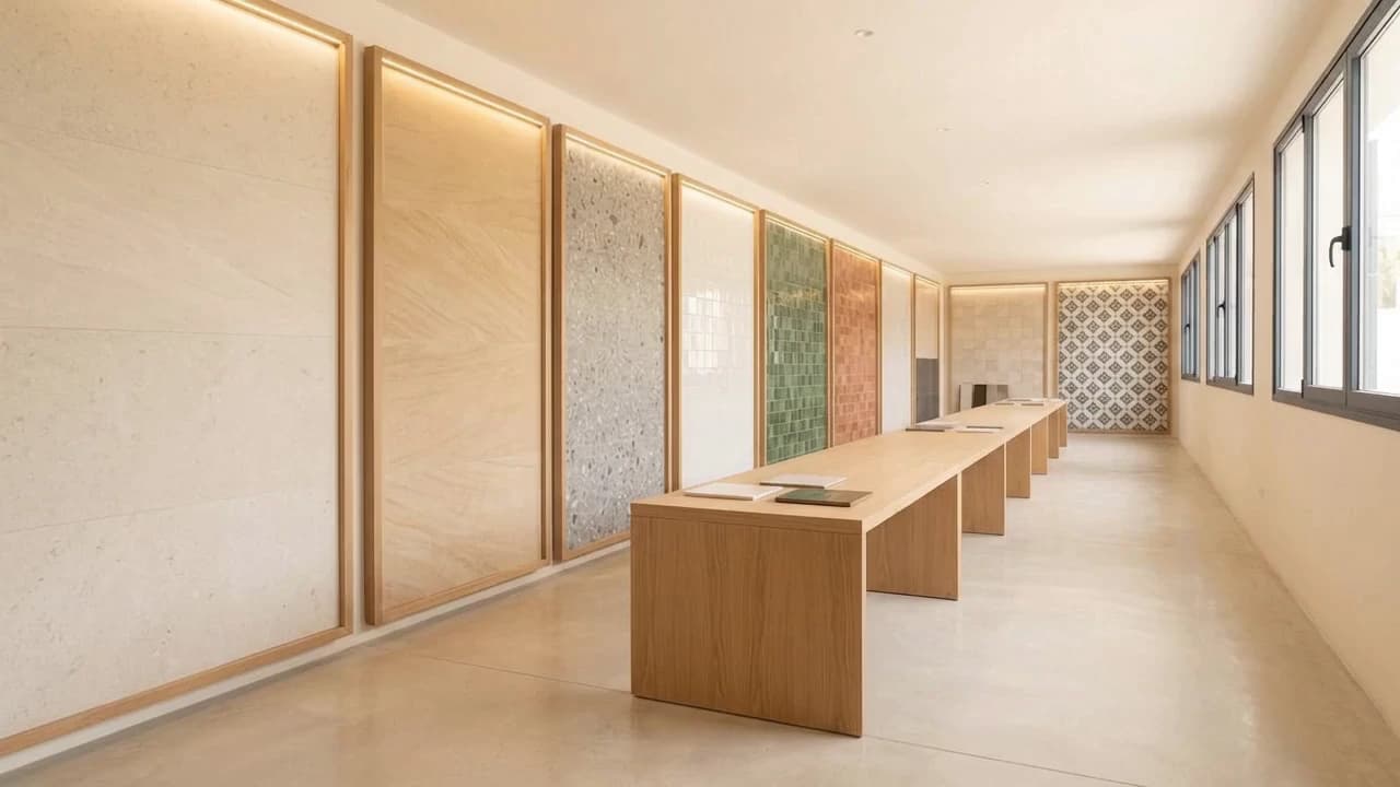 La galerie de carrelage du showroom de Baba Hassen : panneaux de grès, terrazzo, zellige et carreaux de ciment.