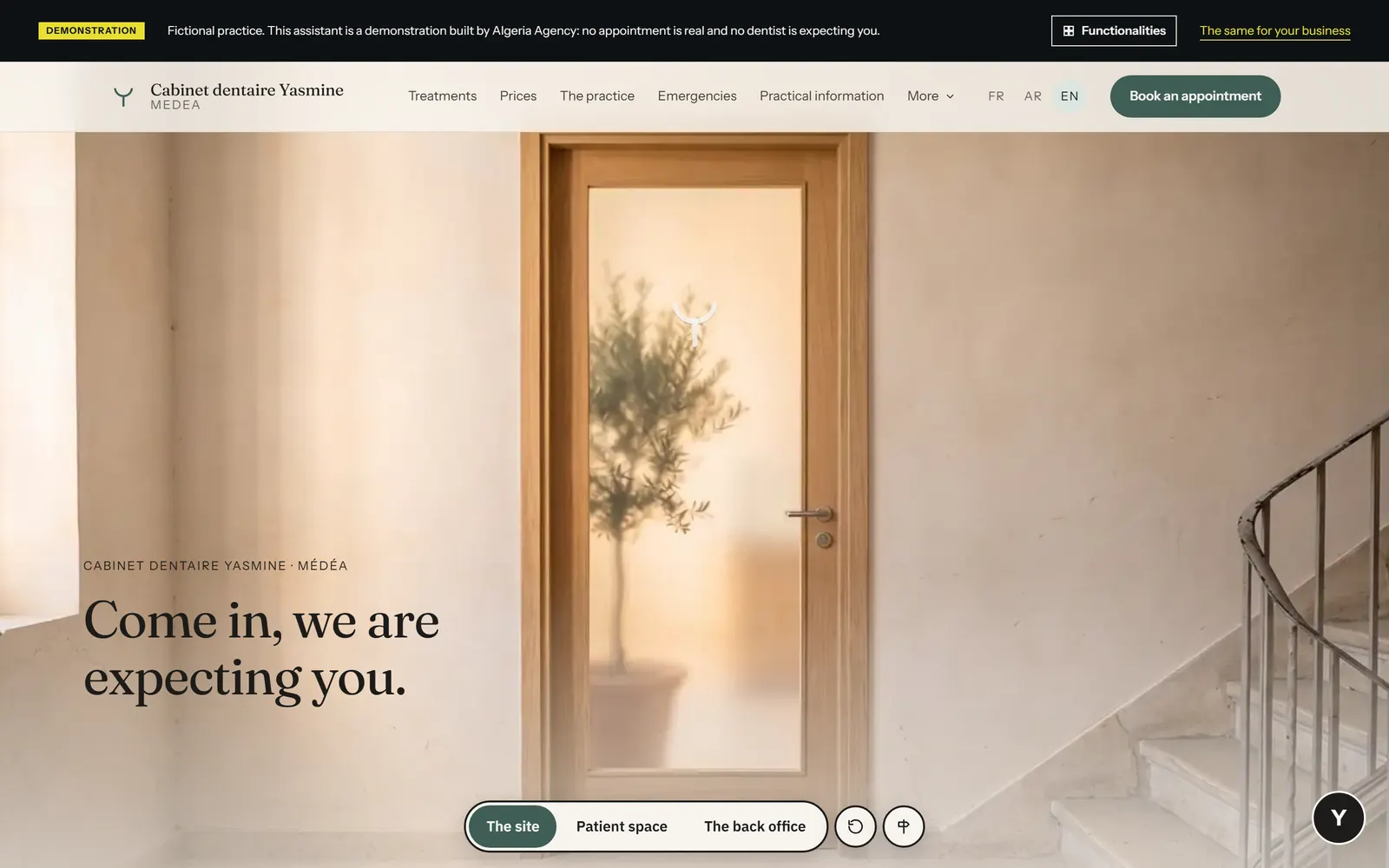 Cabinet dentaire Yasmine homepage with a glass door and the headline inviting patients in.