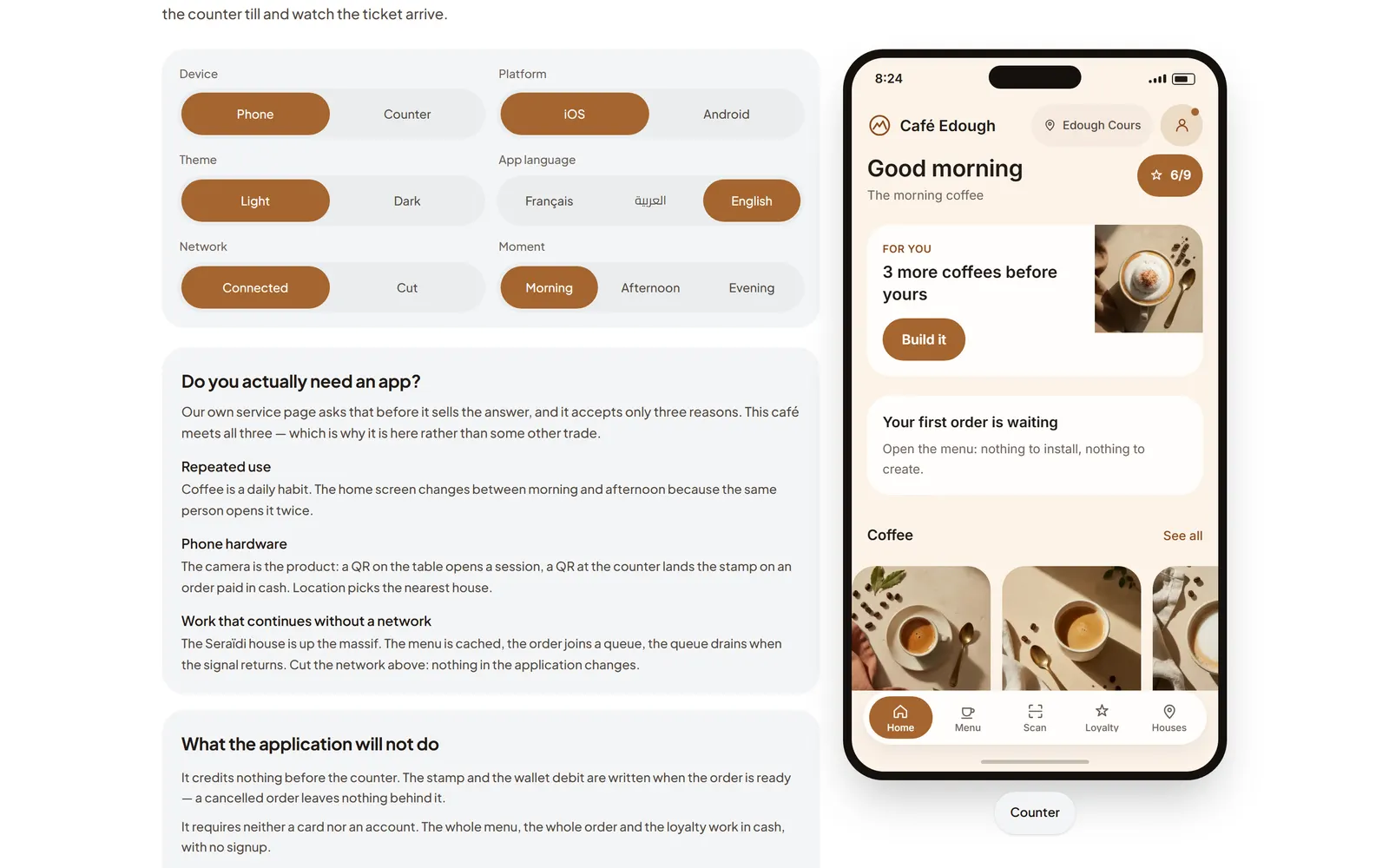 The Café Edough app on a phone, with the loyalty card and drinks, beside the demonstration’s settings.
