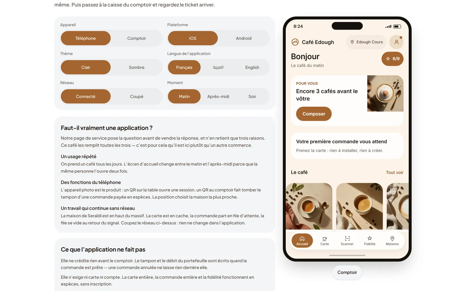 Application Café Edough sur un téléphone, avec la carte de fidélité et des boissons, à côté des réglages de la démonstration.