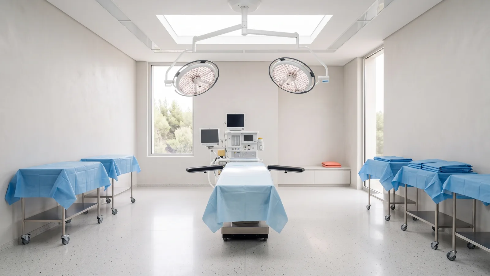 Une salle d’opération lumineuse, vide, avec sa lampe scialytique au repos.