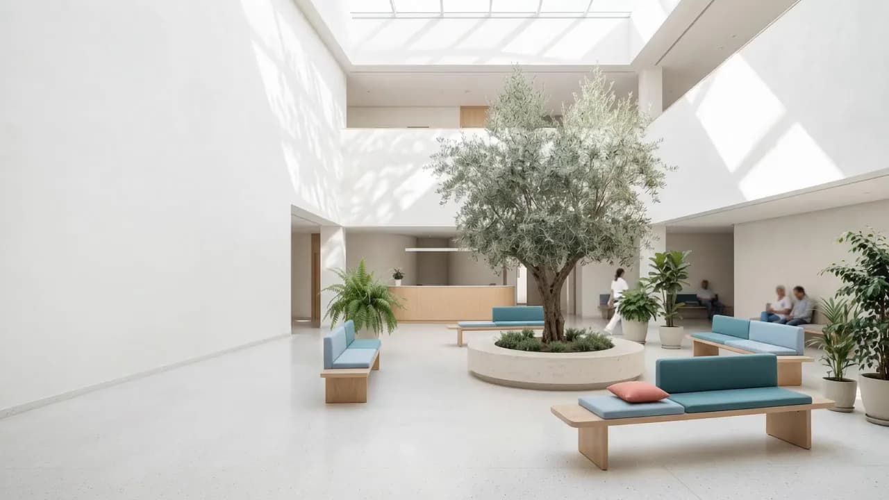 Lumière du jour qui traverse l’atrium de la clinique