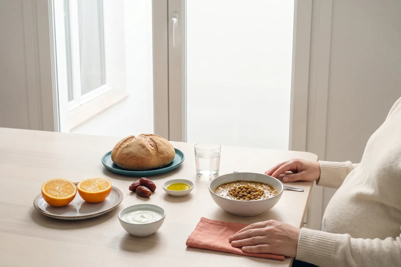 Une table en bois dans la lumière douce du matin, près d’une fenêtre, avec un bol de fruits lavés, un verre d’eau et des légumes frais.