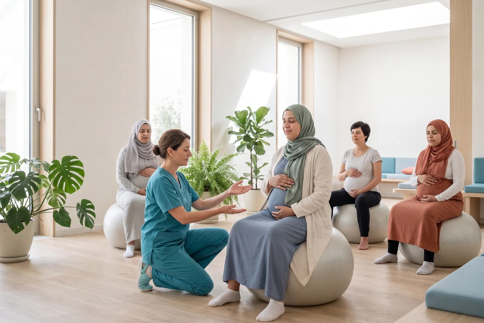 Une salle de préparation à la naissance, avec des ballons et des coussins dans une lumière chaude.