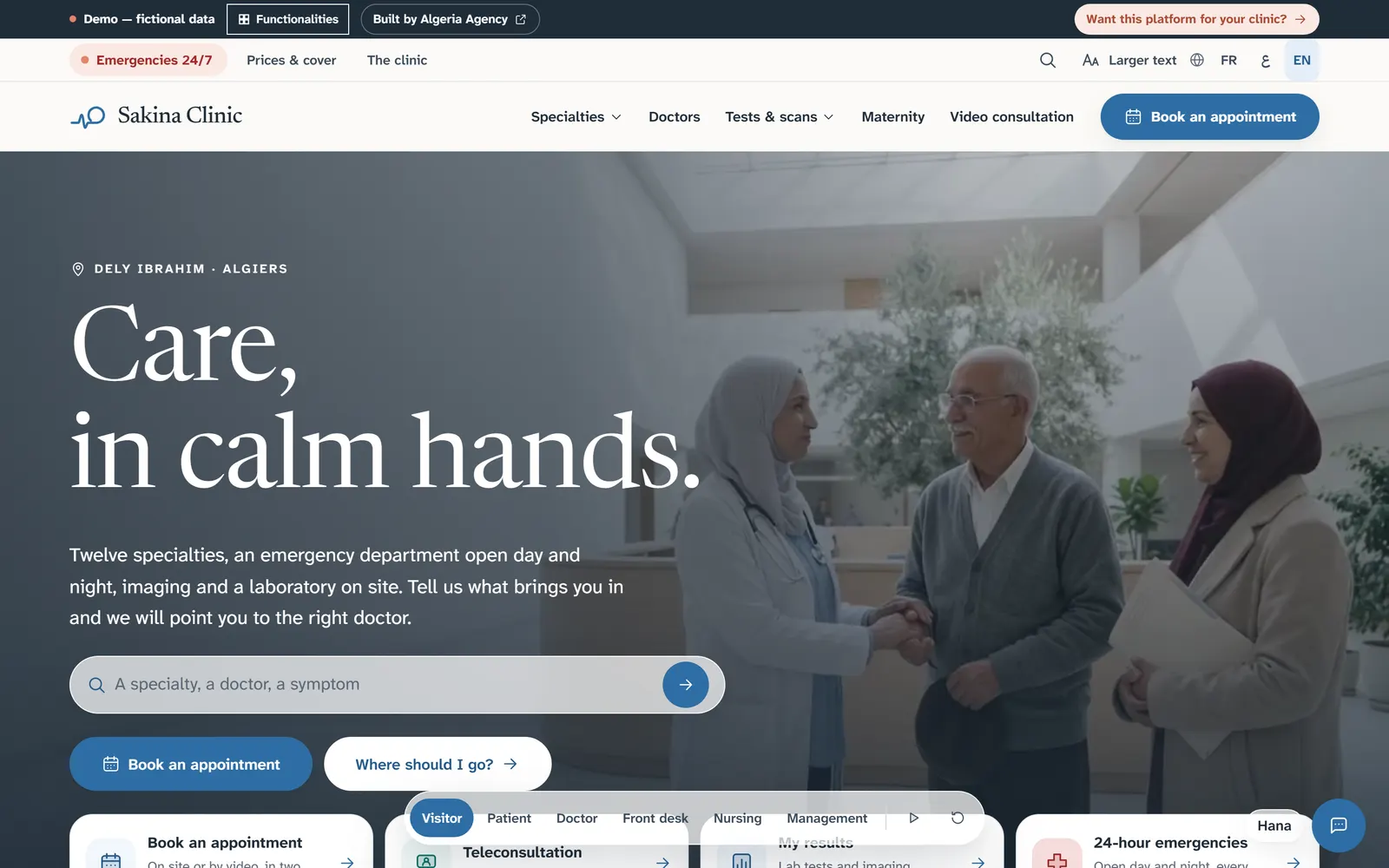 Sakina Clinic homepage with its headline, its search field, its booking buttons and the role bar at the bottom.