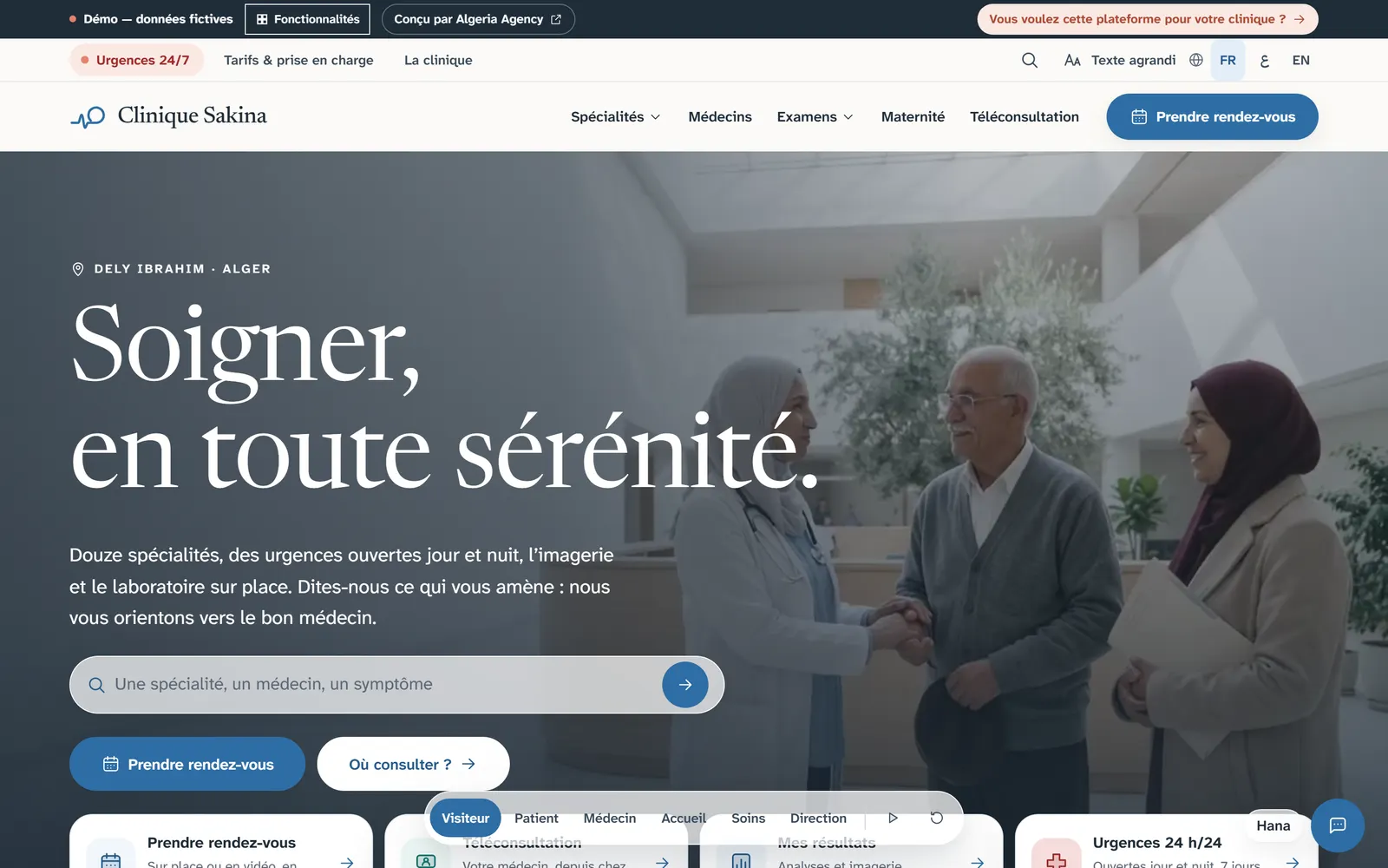 Page d’accueil de Clinique Sakina avec son titre, son champ de recherche, ses boutons de rendez-vous et la barre des rôles en bas.