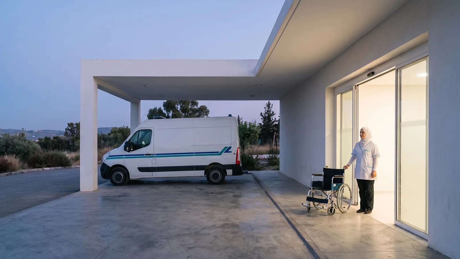 L’entrée des urgences de la clinique au crépuscule