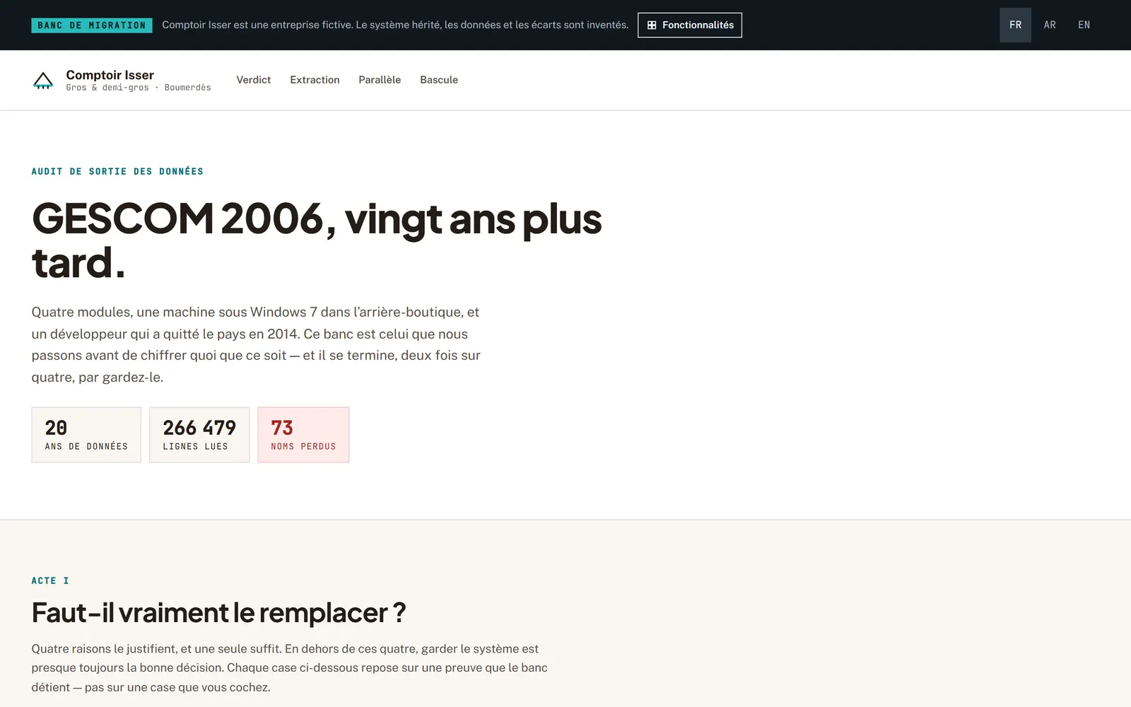 Ouverture du banc de migration de Comptoir Isser avec le nom de l’ancien logiciel et trois chiffres : années de données, lignes lues, noms perdus.