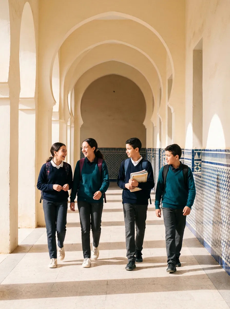 Des collégiens marchent sous les arcades de l’école