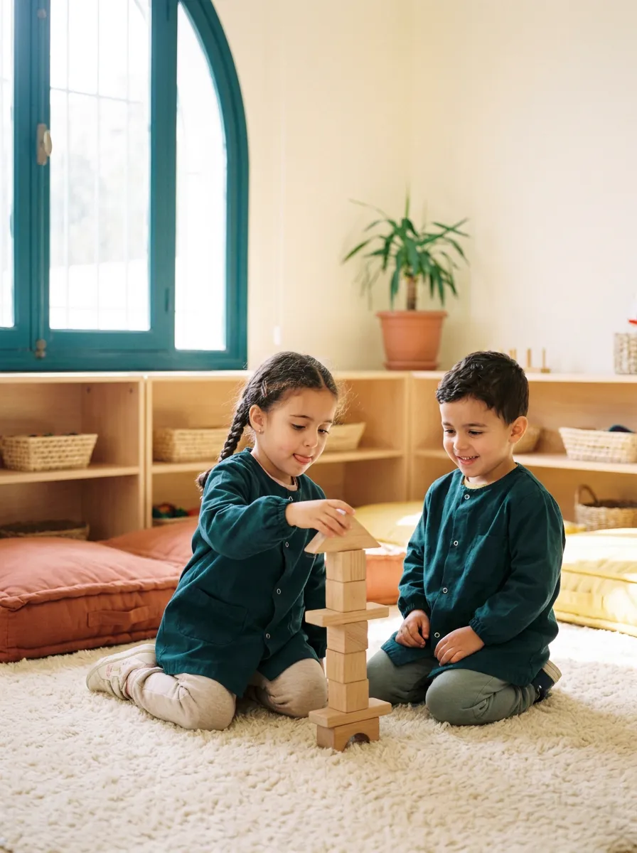 Deux enfants du préscolaire construisent une tour de cubes en bois