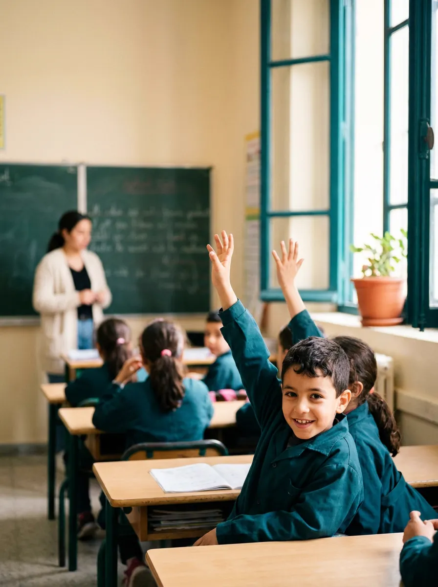 Une classe de primaire, des élèves lèvent la main