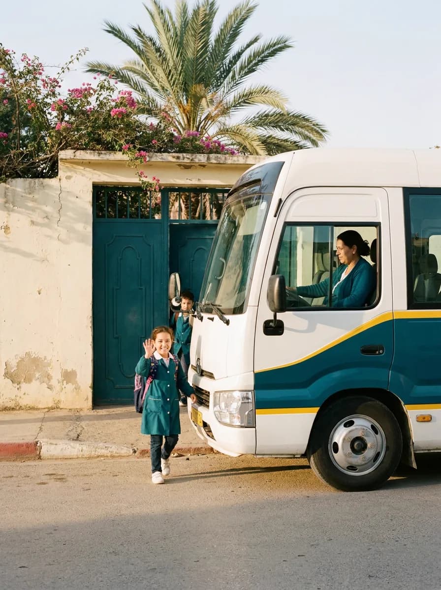 7 h 10 : le minibus scolaire dépose les élèves au portail
