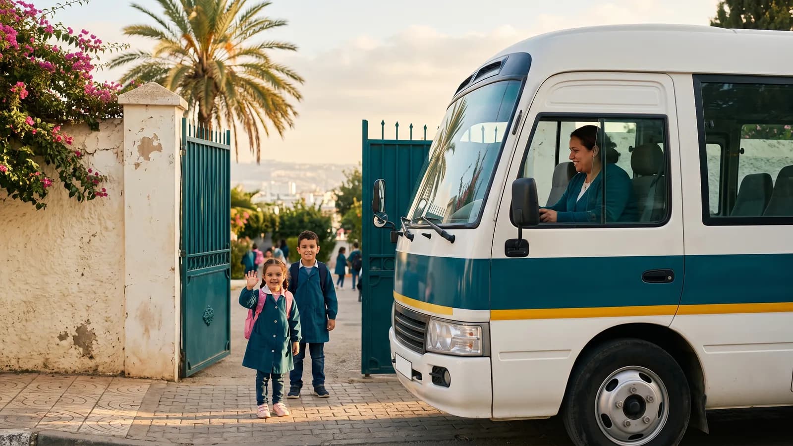 Une petite fille en tablier salue à côté de son frère, au portail de l’école, près du minibus scolaire