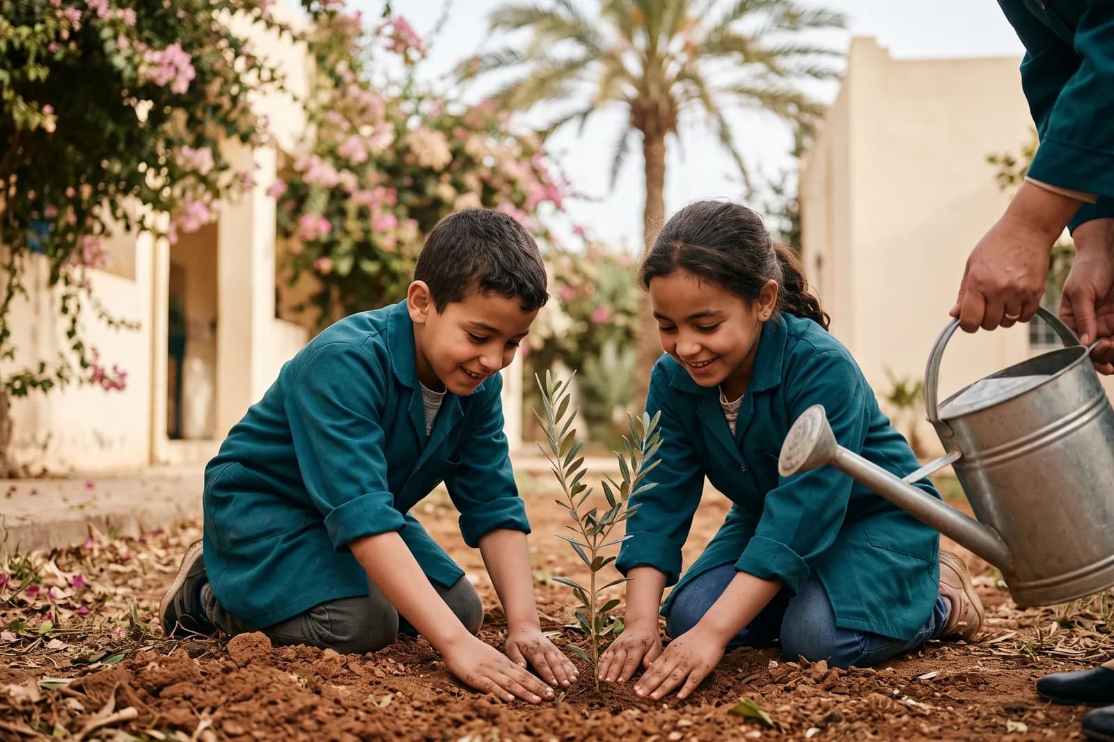 Deux élèves plantent un jeune olivier dans le jardin de l’école