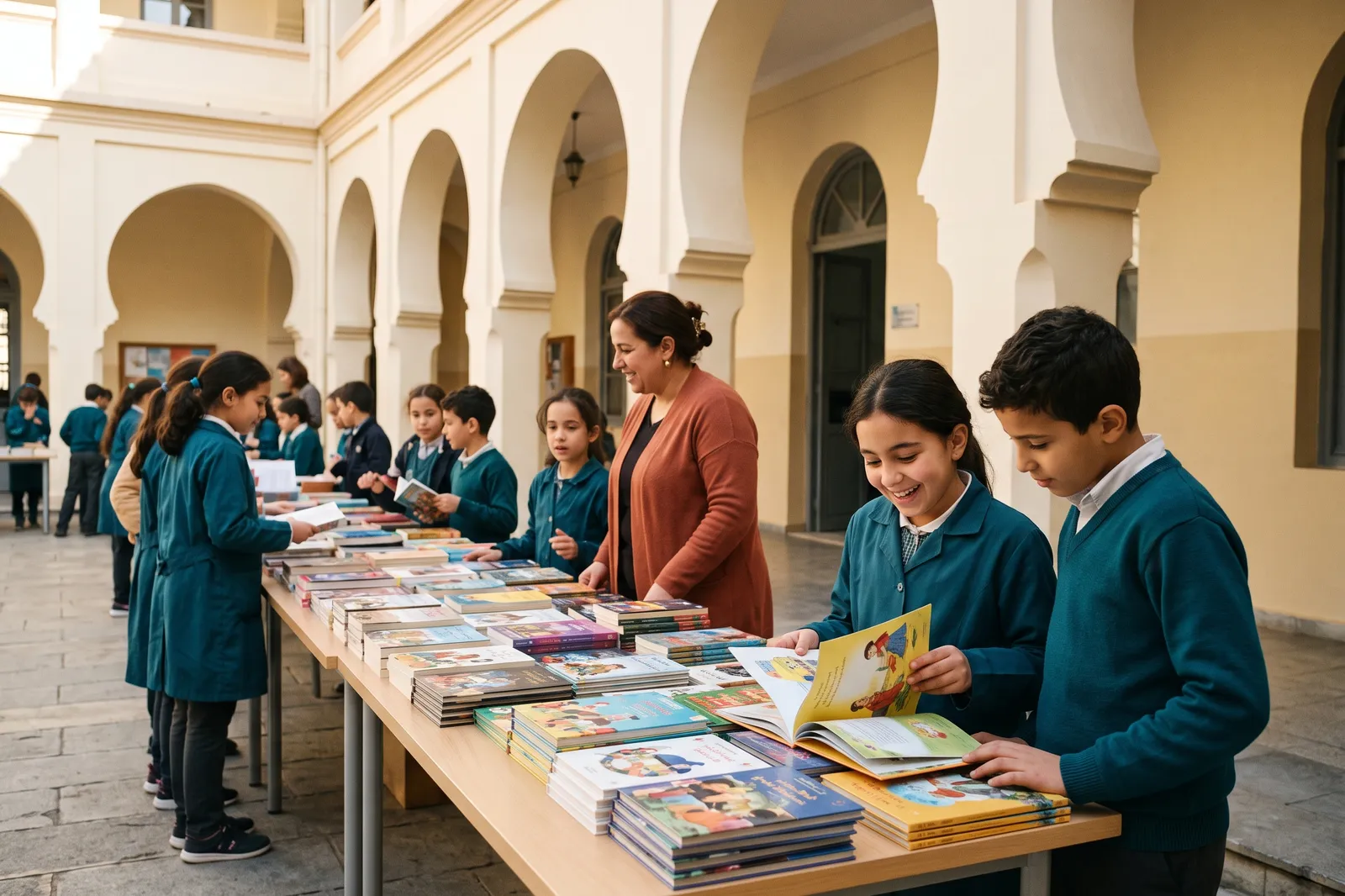 Le salon du livre sous les arcades de la cour : des élèves feuillettent des albums