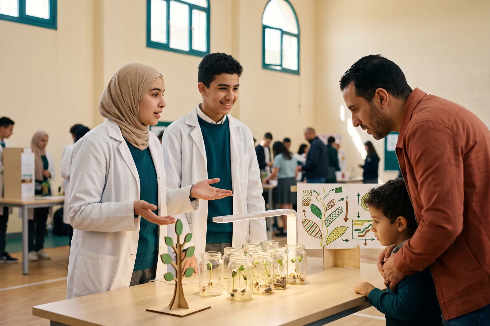 Au salon des sciences, deux élèves en blouse présentent leurs bocaux de graines germées à un père et son fils