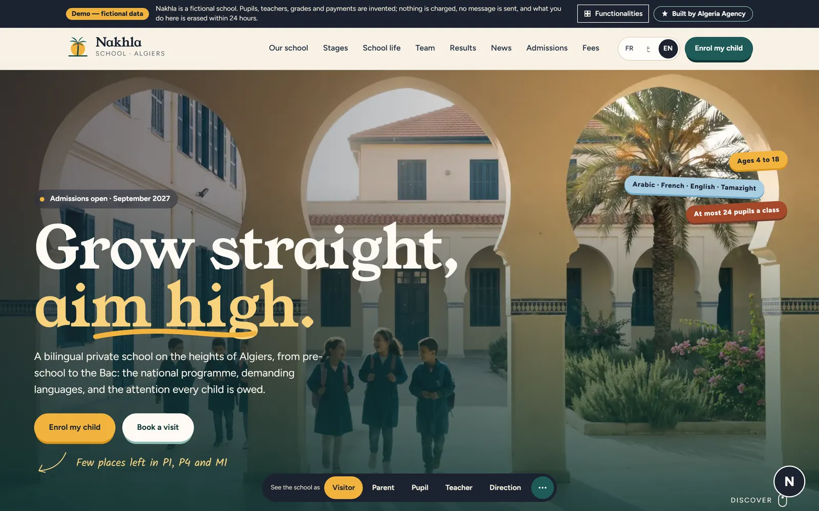 Nakhla School homepage with an arcaded courtyard, the school motto and the enrol and visit buttons.