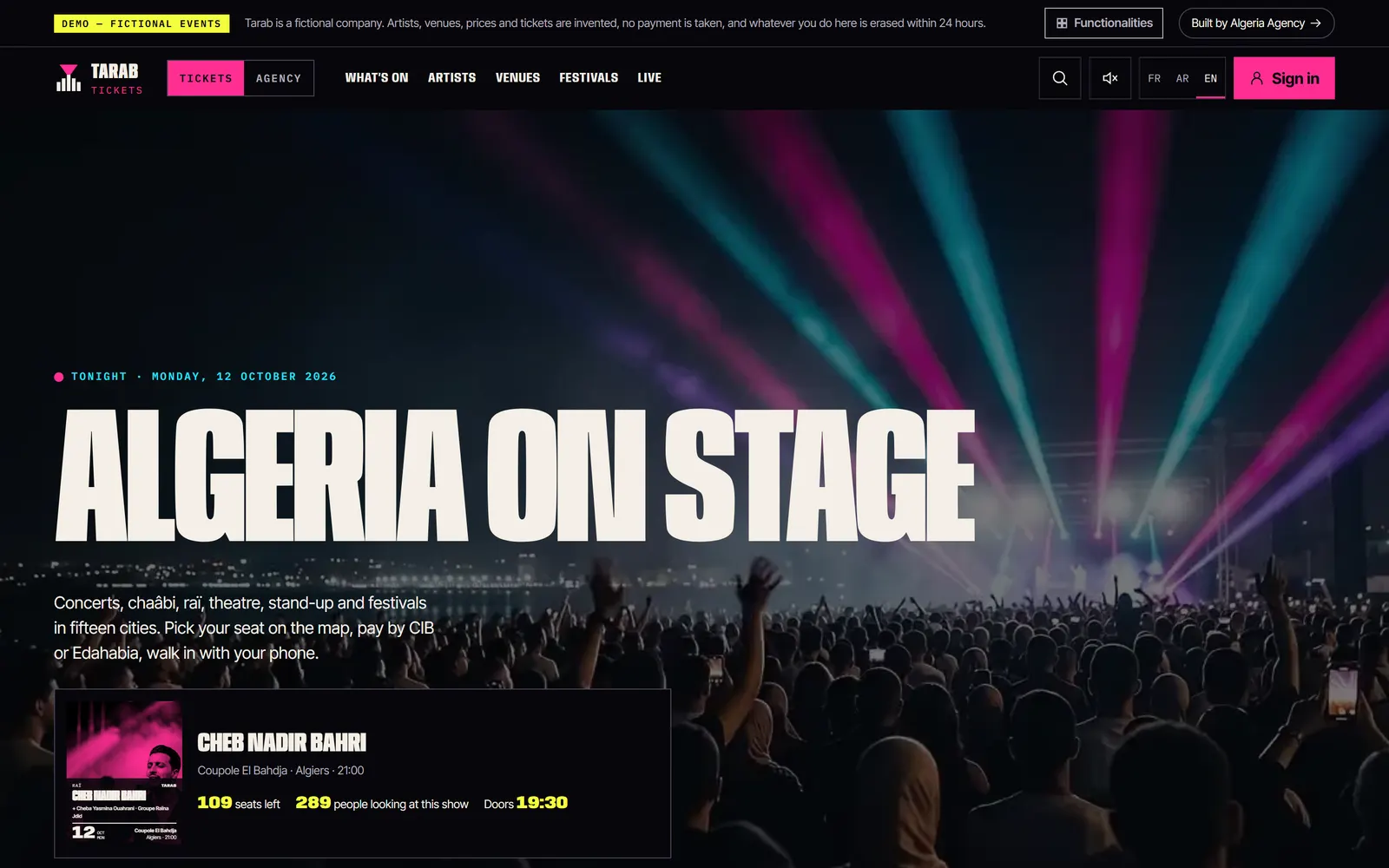 Tarab homepage with a large headline, a concert crowd and the card for tonight’s concert.