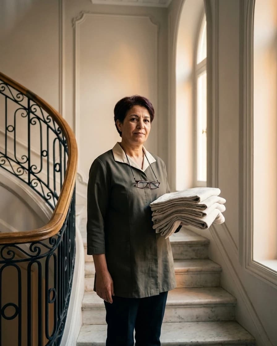 Fatiha Hamitouche, gouvernante générale, dans un couloir des étages (personnage fictif).