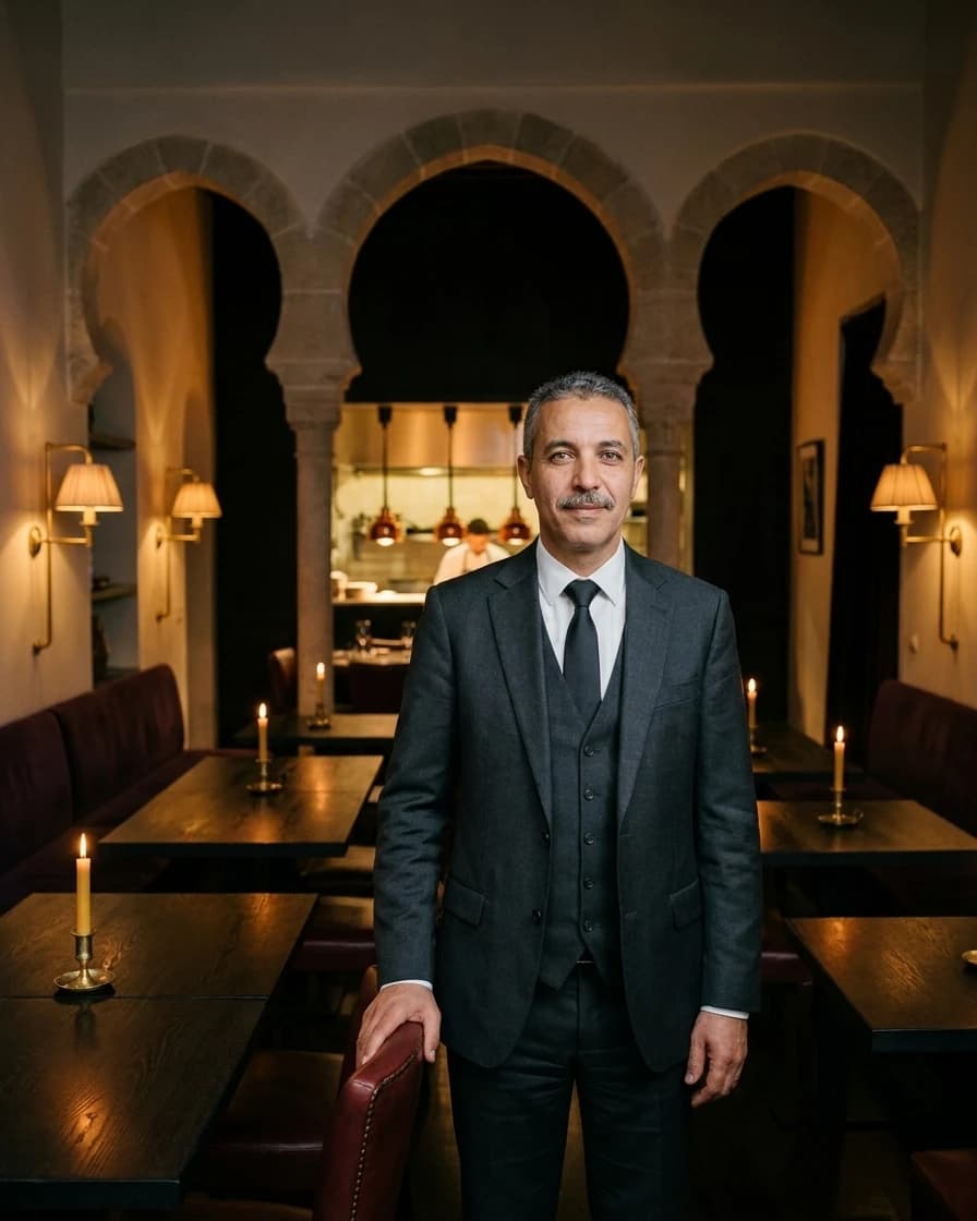 Hocine Aït Saadi, maître d’hôtel de Chemâa, dans la salle avant le service (personnage fictif).