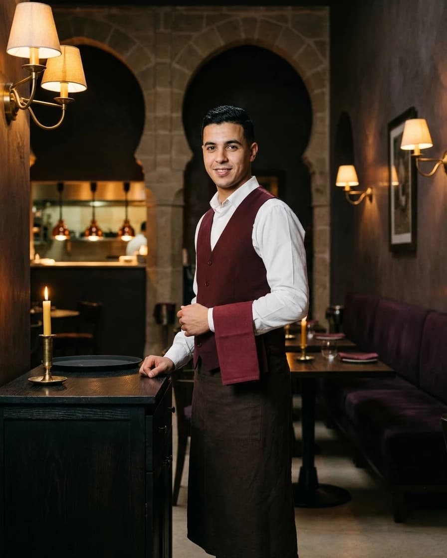 Ilyes Djerbal, serveur, en tablier près de la desserte (personnage fictif).