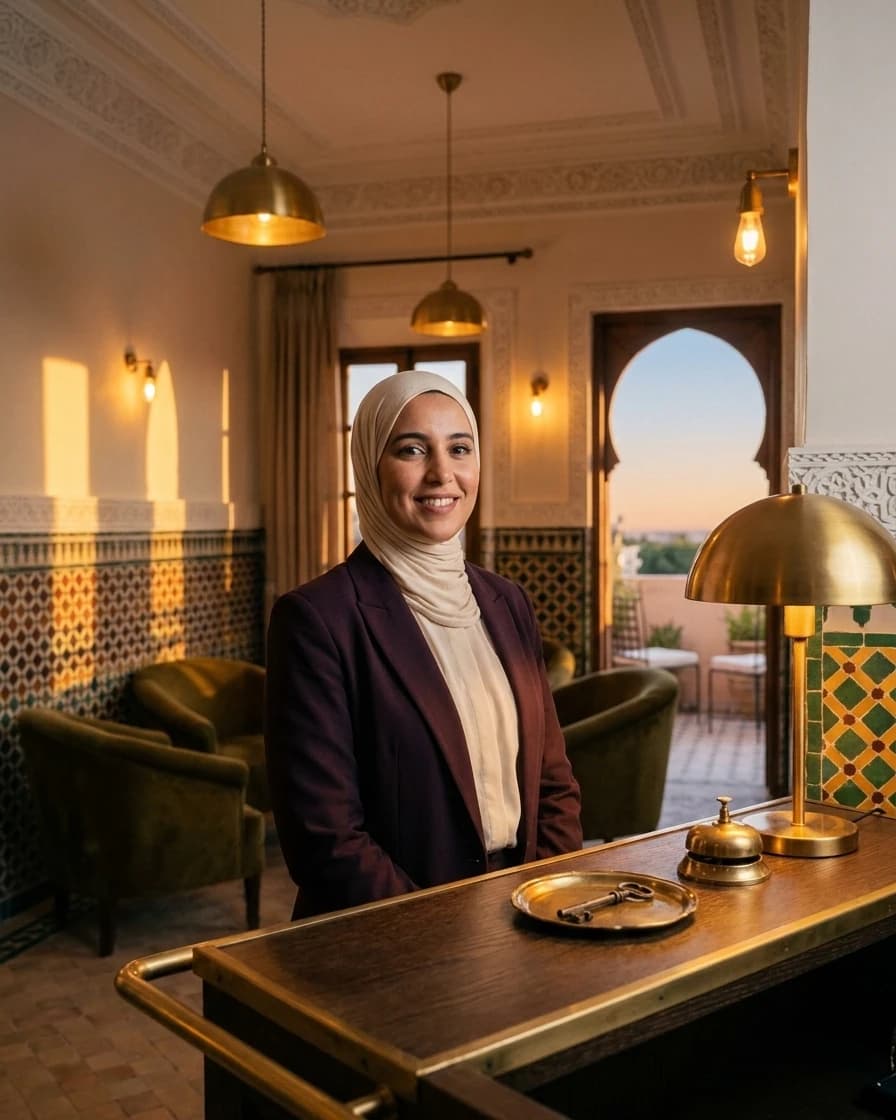 Imène Lakehal, agente de réception, derrière le comptoir du hall (personnage fictif).