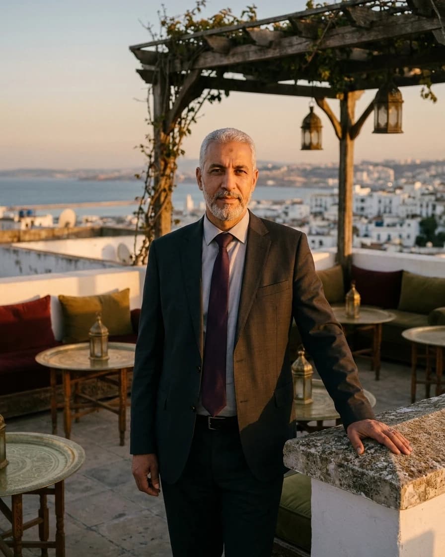 Karim Benhamida, directeur général, sur le toit-terrasse au petit matin (personnage fictif).