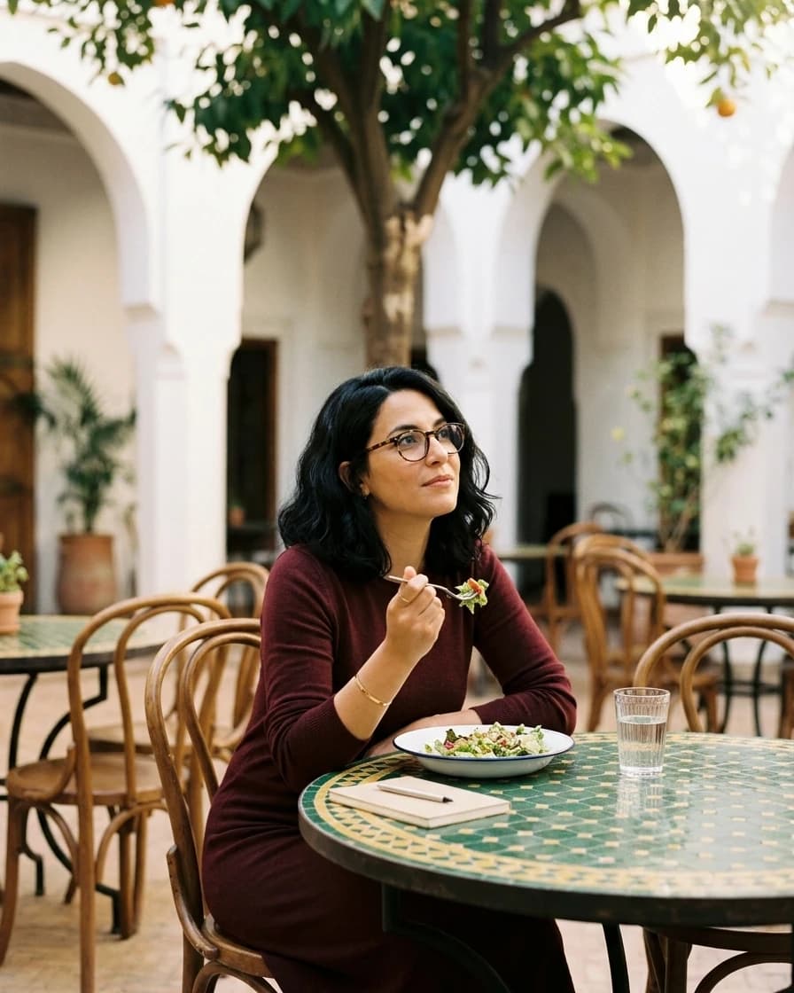 Leïla Benabdallah, autrice culinaire, à une table de la brasserie (personnage fictif).