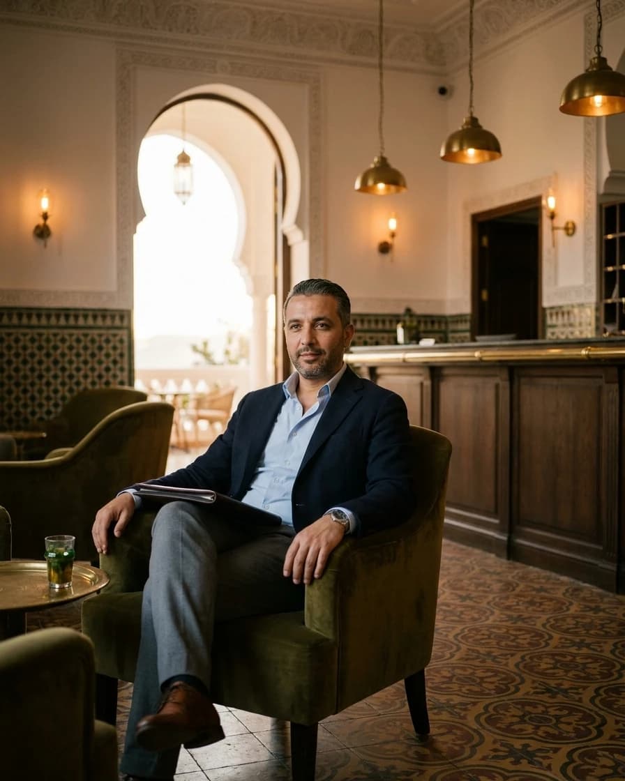 Nadir Cherrad, consultant venu d’Oran, dans le salon de l’hôtel (personnage fictif).