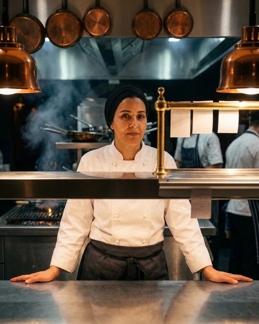 Nawel Mehenni, cheffe exécutive, au passe de la cuisine (personnage fictif).