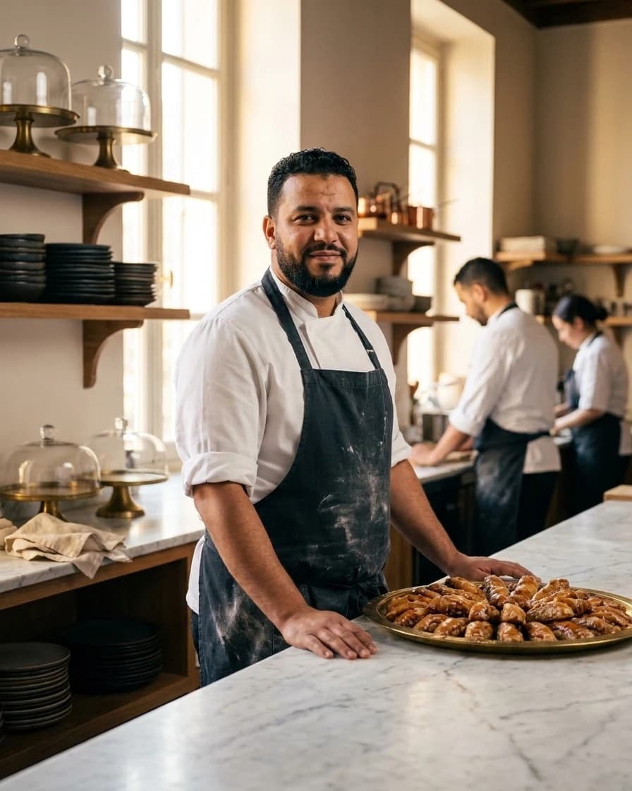 Rafik Bouamrane, chef pâtissier, devant son marbre (personnage fictif).