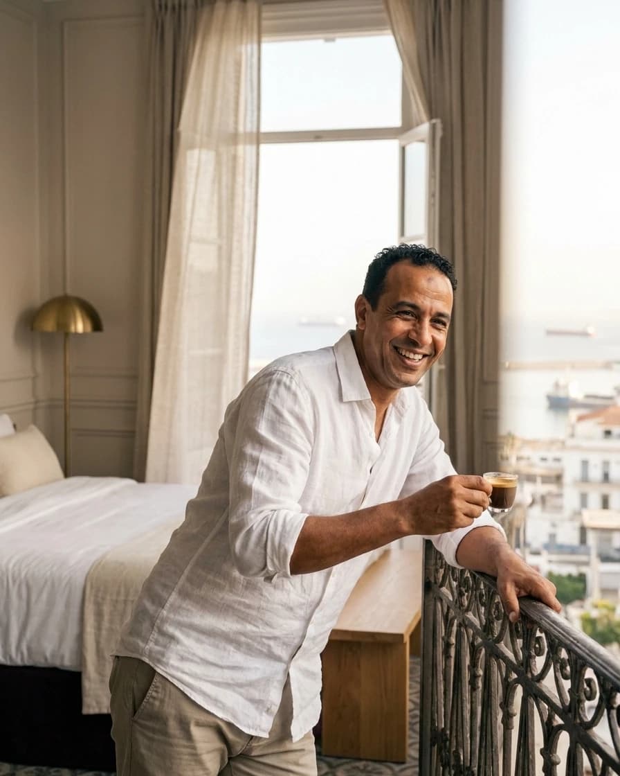 Samir Bendjeddou, en vacances d’été avec sa famille, sur un balcon face à la baie (personnage fictif).