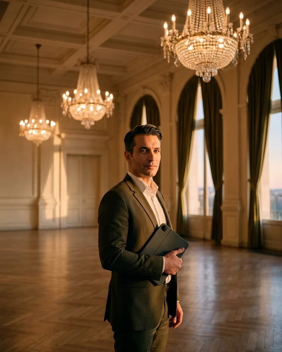 Sélim Bensmail, responsable des événements, dans la Salle des Lustres (personnage fictif).