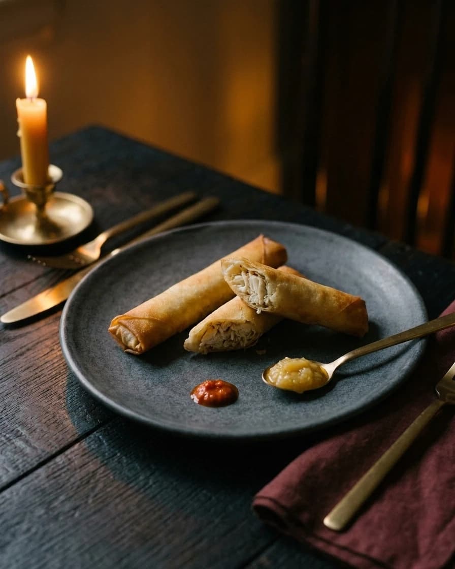 Bourek croustillant au tourteau, citron confit, harissa douce, servi à Chemâa sur la table de chêne, à la lueur d’une bougie.