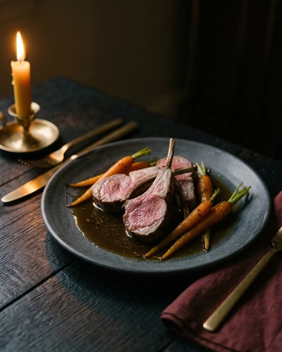Carré d’agneau des Hauts-Plateaux, jus au cumin, carottes au miel, servi à Chemâa sur la table de chêne, à la lueur d’une bougie.
