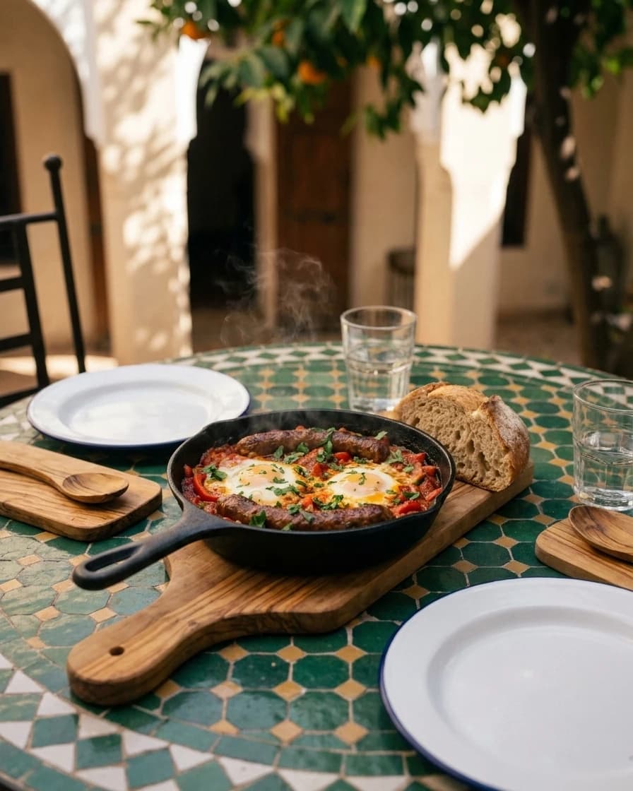 Chakchouka du jardin, œufs, poivrons, merguez maison, sur une table de zellige du patio, à la lumière du jour.