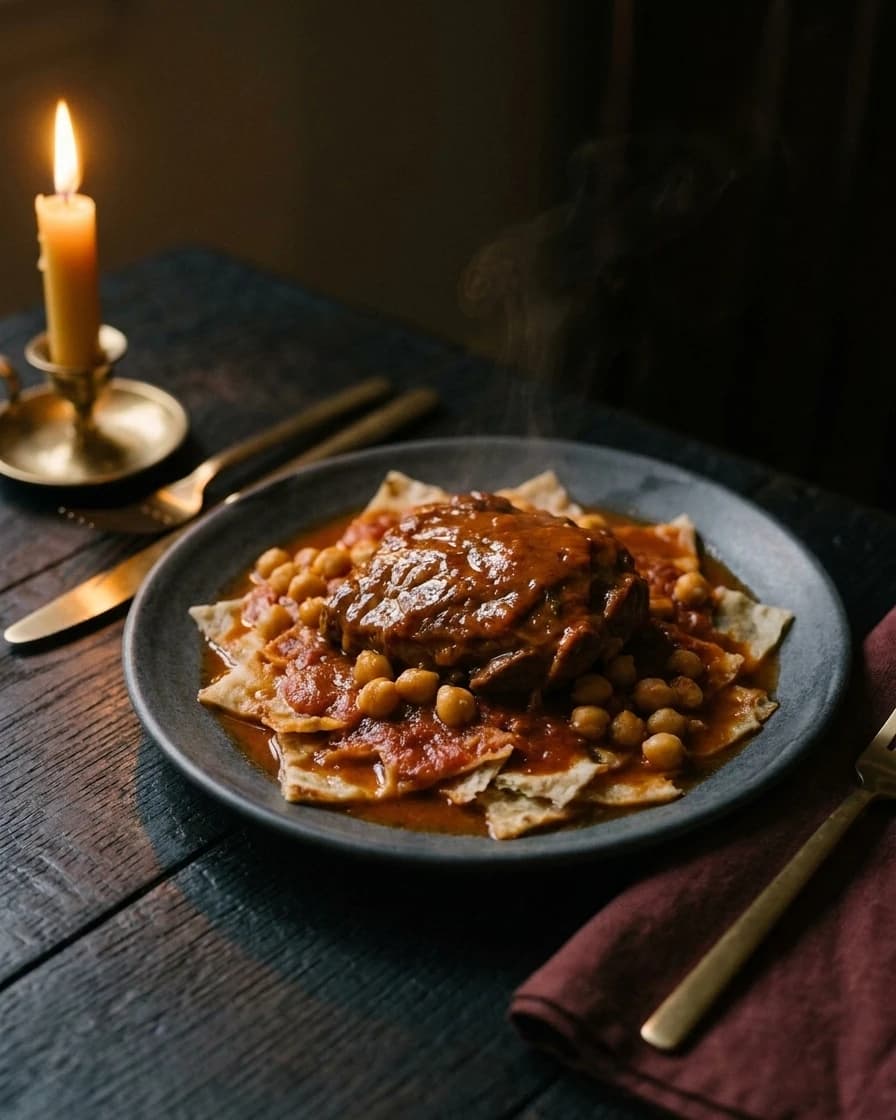 Chakhchoukha de Biskra, épaule d’agneau sept heures, pois chiches, servi à Chemâa sur la table de chêne, à la lueur d’une bougie.